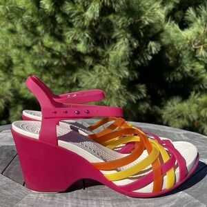Crocs Huarache Wedge Sandal Womens Sz 10 Ankle Strap Pink Yellow Orange‎ Comfort